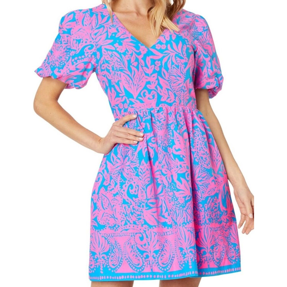 Sz 14 Lilly‎ Pulitzer Suzie Short Sleeve Cotton Dress Aura Pink Leaf, $248